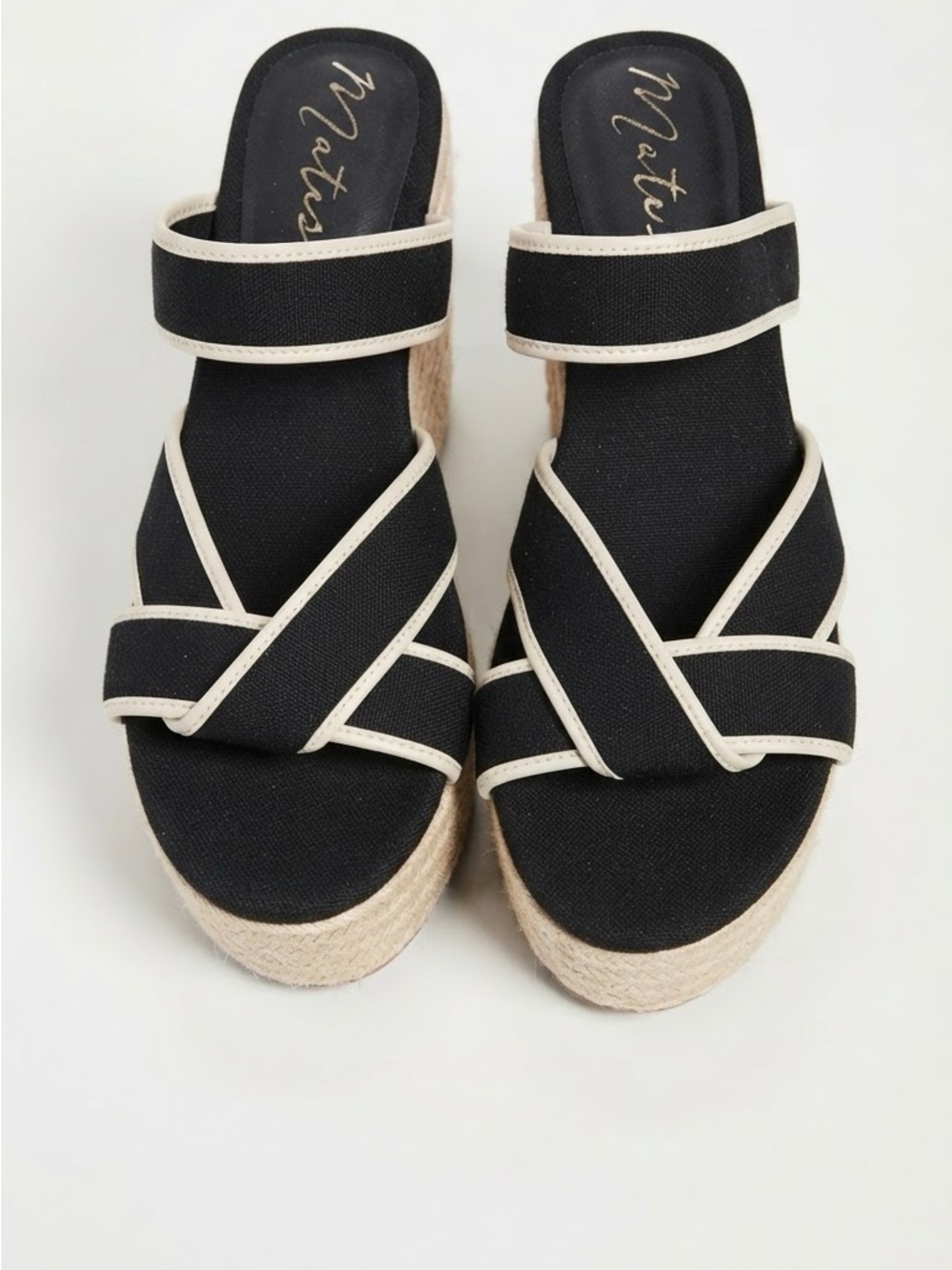 New Matisse Palm beach Black Canvas Espadrille Wedge Sandals w/Cream Trim size 9